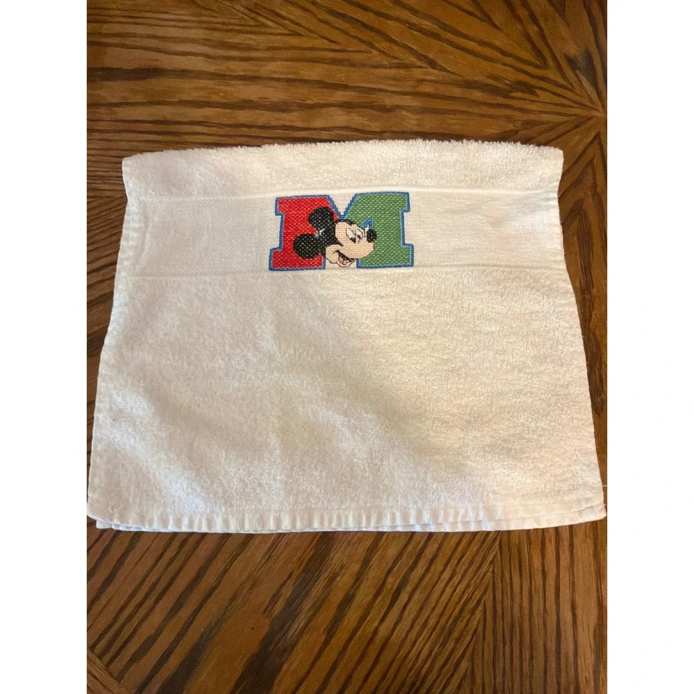 Vintage Disney Mickey Mouse Embroidered White Cotton Hand Towel Letter M Retro